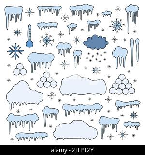 Set aus kritzelfarbenen Schneekappen, Eiszapfen, Schneebällen, Schneeflocken für die Winterdekoration isoliert auf weißem Hintergrund. Stock Vektor