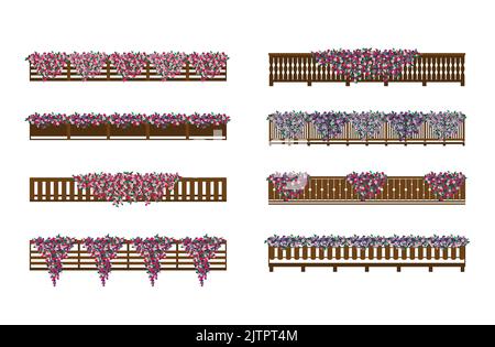 Holzbalkonen, die mit Petunienblüten geschmückt sind, für Landhäuser und Almhütten. Stock Vektor