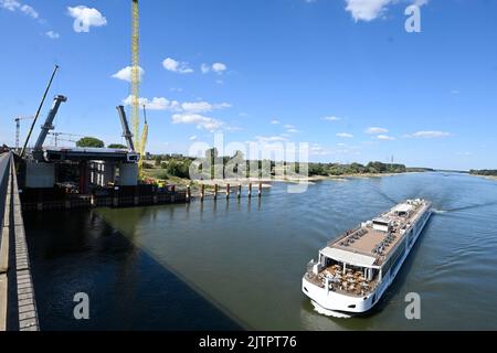 Düsseldorf, Deutschland. 01. September 2022. Ein Binnenschiff fährt am Bauabschnitt am linken Rheinufer vorbei zur neuen Autobahnbrücke in Leverkusen, wo am Donnerstag die Masten für die Seilstützkonstruktion errichtet wurden. Die Kabelkonstruktion wird später die Konstruktion über dem Wasser sichern. Quelle: Roberto Pfeil/dpa/Alamy Live News Stockfoto