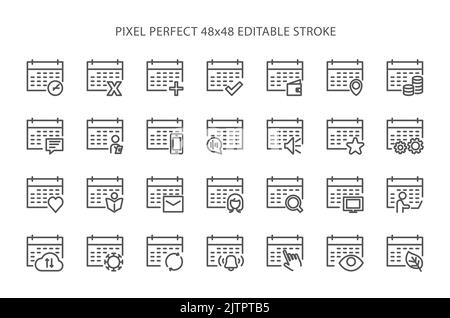 Einfacher Satz von kalenderbezogenen Vektorlinien-Symbolen. Flaches, digitales Icon-Set für Web und mobile Geräte. Pixel Perfect 48 x 48 bearbeitbare Konturgröße. Stock Vektor