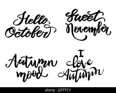 Satz von Herbst isoliert Schriftzügen in schwarzer Farbe. Designvorlagen für den Herbst. Vektordarstellung auf weißem Hintergrund isoliert. Für den Druck, Stock Vektor