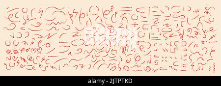 Große Symbole mit Pfeilen. Bunte Pfeile mit Freihand. Pinselstrich. Grunge-Textur. Handgezeichnetes abstraktes Vektorset. Richtungszeiger Formen und Objekt Stock Vektor