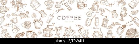 Kaffee-Doodle-Konzept. Handgezeichnete Vektorgrafik. Draufsicht. Gravurdesign. Kaffee in Schwarz-Weiß-Design. Kartendesign. Vektor. Stock Vektor