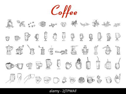 Handgezeichnete Kaffeekollektion. Vektor Skizze Illustration Set Mit Türke, Tassen, Kaffeetasche, Kaffeemühle, Kaffeemaschine, Wasserkocher, Tassen, Latte. Grafik skizzieren Stock Vektor