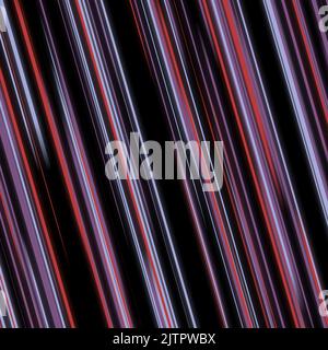 Diagonal Striped Glowing Lines Neonstreifen mit hellen, farbenfrohen, abstrakten Bewegungs- und Geschwindigkeitslinien auf schwarzem Hintergrund für Tapeten Stockfoto