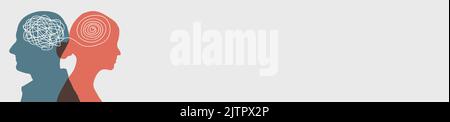 Frauen und Männer. Metapher bipolare Störung Geist mental. Verwickeln und entwirren. Psychologie. Stimmungsstörung. Psychische Gesundheit. Duales Persönlichkeitskonzept. Psycho Stock Vektor