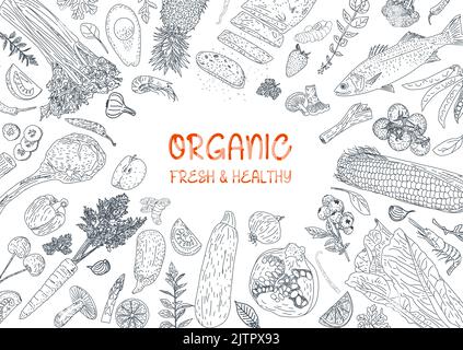 Gesunde Ernährung. Illustration für Bio-Lebensmittel. Vektorgrafik für gesunde Lebensmittel. Gemüse, Obst und Fleisch. Handgezeichnete Skizze. Stock Vektor