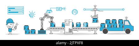 Stickfiguren. Fabrikautomation, moderne Industrie 4,0 technisches Automatisierungskonzept. Ingenieur, der auf autonome Roboterarme blickt und dabei eine Fernbedienung hält Stock Vektor