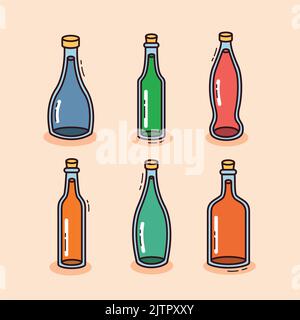 Eine Reihe von bunten Illustrationen von Flaschen in einem Cartoon-Stil Stock Vektor