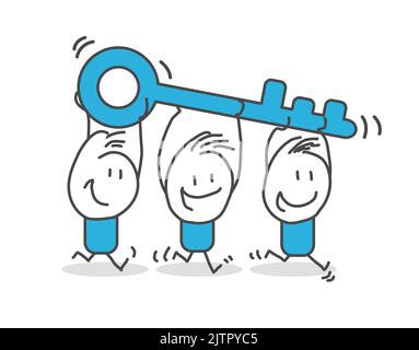 Stickfiguren. Geschäftsleute, die mit großem Schlüssel als Metapher für die Problemlösung laufen. Geschäftsleute, die mit Big Key arbeiten. Stock Vektor