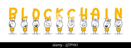 Stickfiguren. Bitcoins - Bitcoin BTC das neue virtuelle Geld. Blockchain, Online-Banking, Virtuelles Kryptowährungskonzept. Stock Vektor