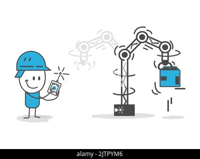 Stickfiguren. Fabrikautomation, moderne Industrie 4,0 technisches Automatisierungskonzept. Ingenieur überprüft Industrieroboter in High-Tech-Unternehmen. Stock Vektor