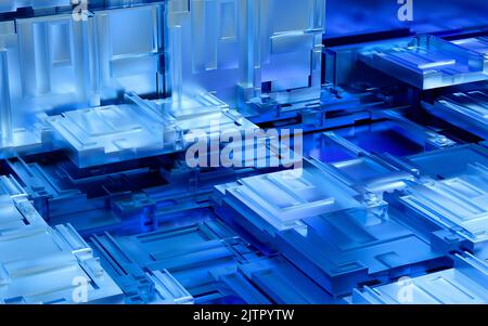Abstrakte geometrische technologische futuristische Hintergrundtextur - 3D Rendering von Geometrieformen mit glänzend glänzenden Metallmaterialoberfläche Stockfoto