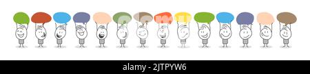 Stickfiguren. Kommunikation Über Chat-Bubble-Kommunikation In Der Personengruppe. Cartoon-Stil. Diskutieren Sie soziale Netzwerke, Nachrichten, soziale Netzwerke, Chat, Dialog Sprechblasen. Stock Vektor