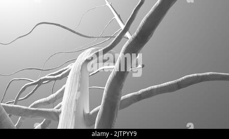 Gerenderte Simple-3D-Szene eines interessant geschwungenen Baumes, aufgenommen aus einem erstaunlichen Winkel in Graustufen Stockfoto
