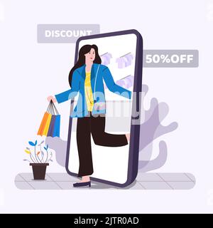 Eine Frau, die Einkaufstaschen trägt, während sie aus dem Smartphone läuft - Online-Shopping-Konzept Stock Vektor