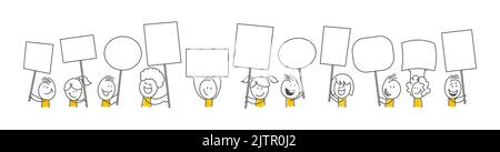 Stickfiguren. Leerer Bannersatz. Vektordarstellung von Personen, die leer halten. Es kann für Präsentationen, zur Erklärung, als Maskottchen, für Kommunikation verwendet werden Stock Vektor