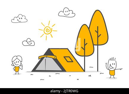 Stickfiguren. Reisende paar Camping Zelt Vektor Illustration Design. Urlaubsreisekonzept. Stock Vektor