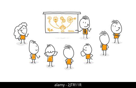 Stickfiguren. Bildung, Workshop, Dozent. Isoliert auf weißem Hintergrund. Handgezeichnete Doodle Linie Kunst Cartoon Design Charakter. Nr.7 Stock Vektor