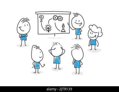 Stickfiguren. Bildung, Workshop, Dozent. Isoliert auf weißem Hintergrund. Handgezeichnete Doodle Linie Kunst Cartoon Design Charakter. Nr. 8 Stock Vektor
