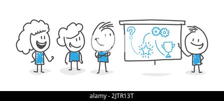 Stickfiguren. Bildung, Workshop, Dozent. Isoliert auf weißem Hintergrund. Handgezeichnete Doodle Linie Kunst Cartoon Design Charakter. Nr. 9 Stock Vektor