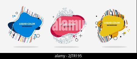 Set von modernen abstrakten flüssigen Formen und Banner. Isolierte Verlaufswellen mit geometrischen Linien und Punkten. Vektorgrafik. Flüssiges Design. Lebendiges Abzeichen Stock Vektor