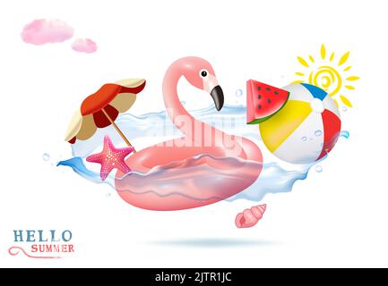 Hallo Sommer Hintergrund. Flamingo aufblasbares Spielzeug, Wassermelone, Sonnenschirm, Strandball. Sommer festlicher Hintergrund. İllustration - Vektor. Stock Vektor