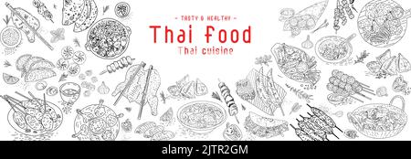 Thai Food Menu Restaurant. Thai Food Sketch Menü. Hintergrund asiatischer Speisen. Poster zum asiatischen Essen. Vektorgrafik. Stock Vektor