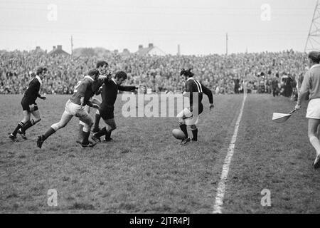 Llanelli RFC vs New Zealand All Blacks (31/10/72) - Actionfoto, das den losen Ball jagt. Stockfoto