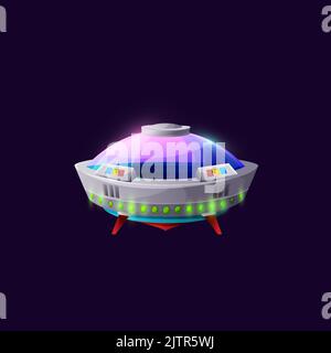 Raumschiff Alien Handwerk isoliert ufo-Untertasse Schiff Spiel Animation Design fliegende glühende Objekt Symbol. Vektor Kosmos Galaxie Eindringling Satellit, Raumschiff außerirdischen Station, futuristische außerirdischen Raumschiff Stock Vektor