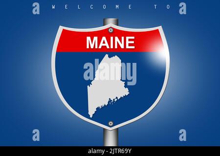 Maine auf Highway Road Schild über blauem Hintergrund, 3D Rendering Stockfoto