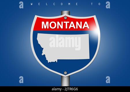 Montana auf Highway Road Schild über blauem Hintergrund, 3D Rendering Stockfoto