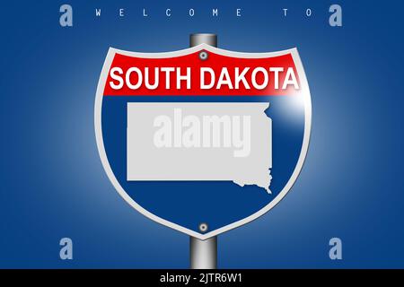 South Dakota auf Highway Road Schild über blauem Hintergrund, 3D Rendering Stockfoto