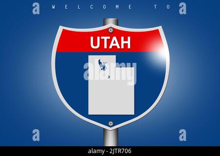 Utah auf Autobahn Straßenschild über blauem Hintergrund, 3D Rendering Stockfoto