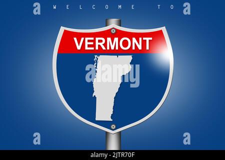 Vermont auf Highway Road Schild über blauem Hintergrund, 3D Rendering Stockfoto