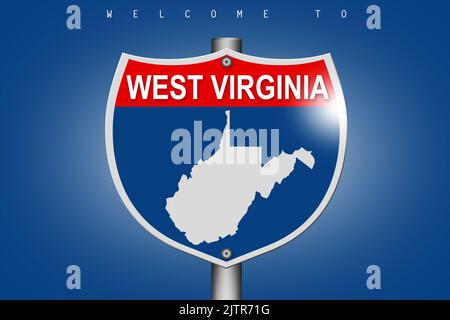 West Virginia auf Autobahn Straßenschild über blauem Hintergrund, 3D Rendering Stockfoto