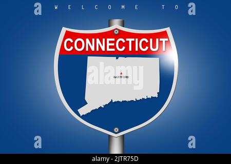 Connecticut auf Autobahn-Straßenschild über blauem Hintergrund, 3D Rendering Stockfoto