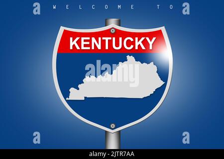 Kentucky auf Highway Road Schild über blauem Hintergrund, 3D Rendering Stockfoto