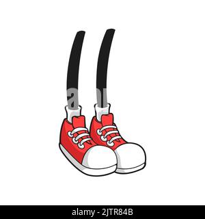 Menschliche Beine isolierte komische Gliedmaßen in roten Turnschuhen, flache Cartoon-Füße. Vector urban Teenager-Stil Schuhe, niedliche sportliche Stiefel mit weißen Gummizehen und Schnürsenkel, Laufen Jogging-Schuhe Stock Vektor