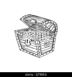 Sketch-Symbol für „geöffnete Piraten“ im Kofferraum „isolierte Schätze“. Vektor-Schatulle mit königlichem Schmuck, mittelalterlichem Trophäenkoffer. Holzkiste Symbol des Reichtums, antiker offener Kofferraum mit goldenen Münzen antikes Geld Stock Vektor