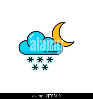 Wetterprognose, Schneefall-Symbol, Wolken- und Mondvektor-Farbsymbol. Nacht Wetterprognose von kalten Temperaturen und Winterschnee fallen Stock Vektor