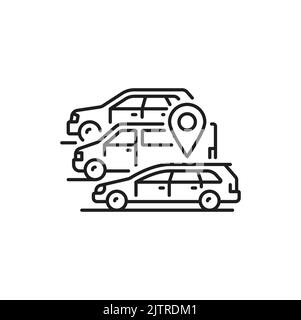 Carpool Share Service, Carpooling oder Car-Sharing, Ride-Sharing und Lift-Sharing linear Icon. Isolierte Vektor-Autos und Ortsschild, mehrfache Fahrt Stock Vektor