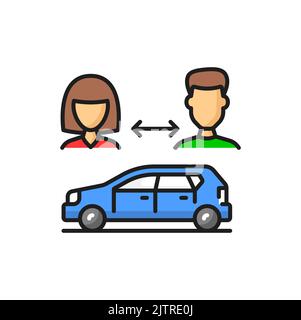 Carshare-Service, Carpool, Mann Frau Carsharing Farbe lineare Symbol. Vector Fahrgemeinschaften oder Car-Sharing, mehrere Fahrer auf Auto mieten, Menschen teilen Autos Stock Vektor
