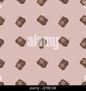 Retro-Fernseher mit gravierten nahtlosen Mustern. Vintage-Fernseher mit Antenne im handgezeichneten Stil. Skizzenstruktur für Stoff, Tapete, Textil, Druck, Titel, Stock Vektor