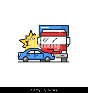 Straßenkollision isoliert Auto-und LKW-Müll Farblinie Symbol. Zwei zertrümmerte Fahrzeuge, Unfall mit einem Containerschiffe. Beschädigter Transport, Unfall auf der Straße Stock Vektor
