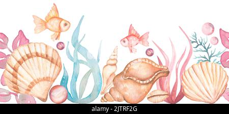Aquarell marine Wiederholung Grenze. Nahtlose Meeresband mit Korallen, Seesterne und Muscheln, Nahtloses Muster, Rahmen mit Unterwasserleben Objekte Stockfoto
