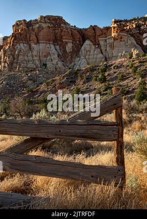 Ein altes Tor auf einer verlassenen Ranch scheint eine verlorene Koralle entlang der Pleasant Creek Road im Capitol Reef National Park, Wayne County, Utah, zu schützen Stockfoto