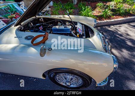 Fernandina Beach, FL - 18. Oktober 2014: Weitwinkel-Innenansicht unter einer 1962 MGA Mark II Cabrio Roadster-Haube oder Motorhaube in einem Downtown-Klassiker Stockfoto