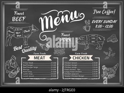 Restaurant Food Menu Design mit Kreidetafel Hintergrund. Vektor. Stock Vektor