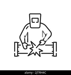 Schweißmaschine schweißt Metallrohr isoliert Umrisssymbol. Vector Schweißer in Arbeitskleidung in Schutzmaske, Schweißmaschine in den Händen. Mitarbeiter in der Fertigung, in der Gas- und Ölindustrie mit Schweißgeräten Stock Vektor